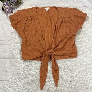 Eberjey Orange Checkered Gauze Plaid Tie Waist Crop Blouse